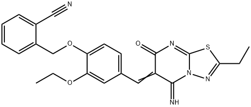 2-({2-ethoxy-4-[(2-ethyl-5-imino-7-oxo-5H-[1,3,4]thiadiazolo[3,2-a]pyrimidin-6(7H)-ylidene)methyl]phenoxy}methyl)benzonitrile Struktur