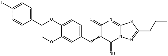 6-{4-[(4-fluorobenzyl)oxy]-3-methoxybenzylidene}-5-imino-2-propyl-5,6-dihydro-7H-[1,3,4]thiadiazolo[3,2-a]pyrimidin-7-one Struktur