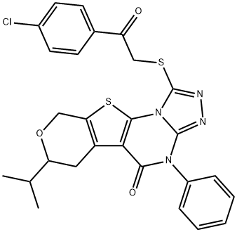 1-{[2-(4-chlorophenyl)-2-oxoethyl]sulfanyl}-7-isopropyl-4-phenyl-6,9-dihydro-7H-pyrano[4',3':4,5]thieno[3,2-e][1,2,4]triazolo[4,3-a]pyrimidin-5(4H)-one Struktur