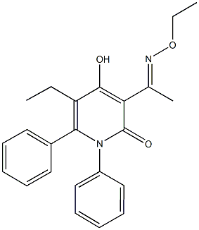 3-(N-ethoxyethanimidoyl)-5-ethyl-4-hydroxy-1,6-diphenyl-2(1H)-pyridinone Struktur