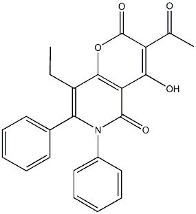 3-acetyl-8-ethyl-4-hydroxy-6,7-diphenyl-2H-pyrano[3,2-c]pyridine-2,5(6H)-dione Struktur