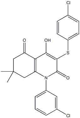 1-(3-chlorophenyl)-3-[(4-chlorophenyl)sulfanyl]-4-hydroxy-7,7-dimethyl-7,8-dihydro-2,5(1H,6H)-quinolinedione Struktur