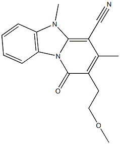 2-(2-methoxyethyl)-3,5-dimethyl-1-oxo-1,5-dihydropyrido[1,2-a]benzimidazole-4-carbonitrile Struktur