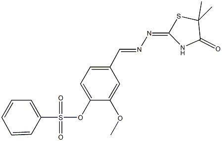 4-[2-(5,5-dimethyl-4-oxo-1,3-thiazolidin-2-ylidene)carbohydrazonoyl]-2-methoxyphenyl benzenesulfonate Struktur