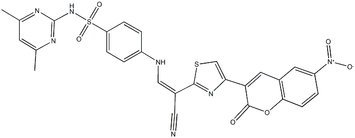 4-{[2-cyano-2-(4-{6-nitro-2-oxo-2H-chromen-3-yl}-1,3-thiazol-2-yl)vinyl]amino}-N-(4,6-dimethyl-2-pyrimidinyl)benzenesulfonamide Struktur