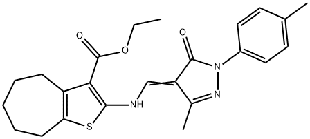 ethyl 2-({[3-methyl-1-(4-methylphenyl)-5-oxo-1,5-dihydro-4H-pyrazol-4-ylidene]methyl}amino)-5,6,7,8-tetrahydro-4H-cyclohepta[b]thiophene-3-carboxylate Struktur