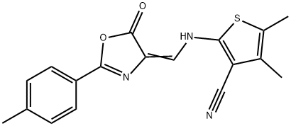 4,5-dimethyl-2-{[(2-(4-methylphenyl)-5-oxo-1,3-oxazol-4(5H)-ylidene)methyl]amino}-3-thiophenecarbonitrile Struktur