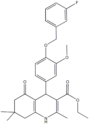 ethyl 4-{4-[(3-fluorobenzyl)oxy]-3-methoxyphenyl}-2,7,7-trimethyl-5-oxo-1,4,5,6,7,8-hexahydro-3-quinolinecarboxylate Struktur