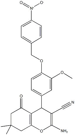 2-amino-4-[4-({4-nitrobenzyl}oxy)-3-methoxyphenyl]-7,7-dimethyl-5-oxo-5,6,7,8-tetrahydro-4H-chromene-3-carbonitrile Struktur