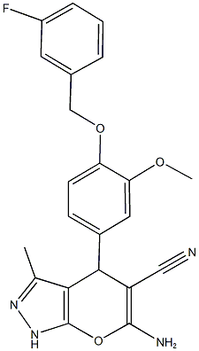 6-amino-4-{4-[(3-fluorobenzyl)oxy]-3-methoxyphenyl}-3-methyl-1,4-dihydropyrano[2,3-c]pyrazole-5-carbonitrile Struktur