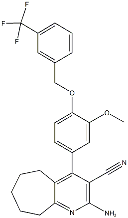 2-amino-4-(3-methoxy-4-{[3-(trifluoromethyl)benzyl]oxy}phenyl)-6,7,8,9-tetrahydro-5H-cyclohepta[b]pyridine-3-carbonitrile Struktur