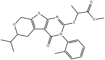 methyl 2-{[6-isopropyl-3-(2-methylphenyl)-4-oxo-3,5,6,8-tetrahydro-4H-pyrano[4',3':4,5]thieno[2,3-d]pyrimidin-2-yl]sulfanyl}propanoate Struktur