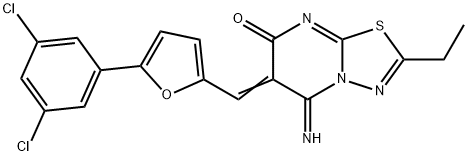 6-{[5-(3,5-dichlorophenyl)-2-furyl]methylene}-2-ethyl-5-imino-5,6-dihydro-7H-[1,3,4]thiadiazolo[3,2-a]pyrimidin-7-one Struktur