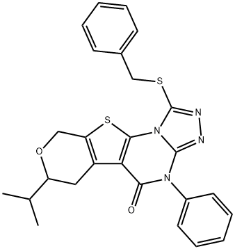 1-(benzylsulfanyl)-7-isopropyl-4-phenyl-6,9-dihydro-7H-pyrano[4',3':4,5]thieno[3,2-e][1,2,4]triazolo[4,3-a]pyrimidin-5(4H)-one Struktur