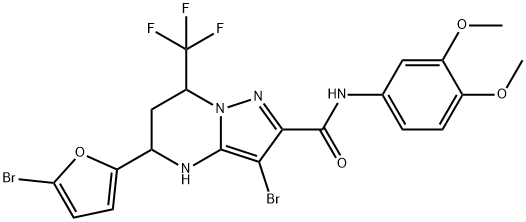 3-bromo-5-(5-bromo-2-furyl)-N-(3,4-dimethoxyphenyl)-7-(trifluoromethyl)-4,5,6,7-tetrahydropyrazolo[1,5-a]pyrimidine-2-carboxamide Struktur