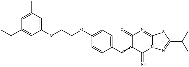 6-{4-[2-(3-ethyl-5-methylphenoxy)ethoxy]benzylidene}-5-imino-2-isopropyl-5,6-dihydro-7H-[1,3,4]thiadiazolo[3,2-a]pyrimidin-7-one Struktur