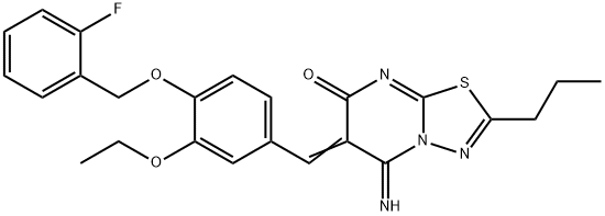 6-{3-ethoxy-4-[(2-fluorobenzyl)oxy]benzylidene}-5-imino-2-propyl-5,6-dihydro-7H-[1,3,4]thiadiazolo[3,2-a]pyrimidin-7-one Struktur