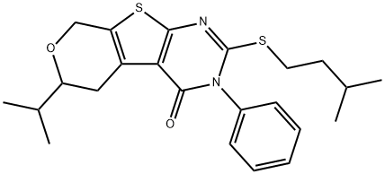 2-(isopentylsulfanyl)-6-isopropyl-3-phenyl-3,5,6,8-tetrahydro-4H-pyrano[4',3':4,5]thieno[2,3-d]pyrimidin-4-one Struktur