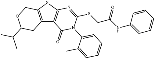 2-{[6-isopropyl-3-(2-methylphenyl)-4-oxo-3,5,6,8-tetrahydro-4H-pyrano[4',3':4,5]thieno[2,3-d]pyrimidin-2-yl]sulfanyl}-N-phenylacetamide Struktur