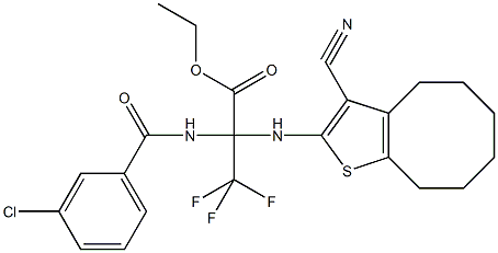 ethyl 2-[(3-chlorobenzoyl)amino]-2-[(3-cyano-4,5,6,7,8,9-hexahydrocycloocta[b]thien-2-yl)amino]-3,3,3-trifluoropropanoate Struktur