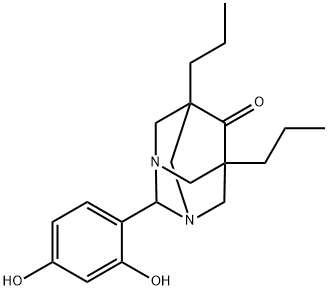 2-(2,4-dihydroxyphenyl)-5,7-dipropyl-1,3-diazatricyclo[3.3.1.1~3,7~]decan-6-one Struktur