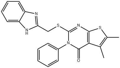 2-[(1H-benzimidazol-2-ylmethyl)sulfanyl]-5,6-dimethyl-3-phenylthieno[2,3-d]pyrimidin-4(3H)-one Struktur