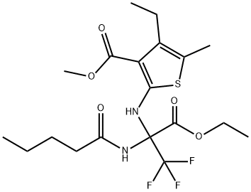 methyl 2-{[1-(ethoxycarbonyl)-2,2,2-trifluoro-1-(pentanoylamino)ethyl]amino}-4-ethyl-5-methyl-3-thiophenecarboxylate Struktur