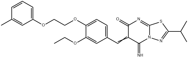 6-{3-ethoxy-4-[2-(3-methylphenoxy)ethoxy]benzylidene}-5-imino-2-isopropyl-5,6-dihydro-7H-[1,3,4]thiadiazolo[3,2-a]pyrimidin-7-one Struktur