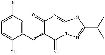 6-(5-bromo-2-hydroxybenzylidene)-5-imino-2-isopropyl-5,6-dihydro-7H-[1,3,4]thiadiazolo[3,2-a]pyrimidin-7-one Struktur