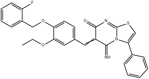 6-{3-ethoxy-4-[(2-fluorobenzyl)oxy]benzylidene}-5-imino-3-phenyl-5,6-dihydro-7H-[1,3]thiazolo[3,2-a]pyrimidin-7-one Struktur