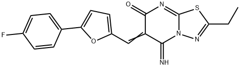 2-ethyl-6-{[5-(4-fluorophenyl)-2-furyl]methylene}-5-imino-5,6-dihydro-7H-[1,3,4]thiadiazolo[3,2-a]pyrimidin-7-one Struktur