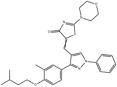 5-({3-[4-(isopentyloxy)-3-methylphenyl]-1-phenyl-1H-pyrazol-4-yl}methylene)-2-(4-morpholinyl)-1,3-thiazol-4(5H)-one Struktur