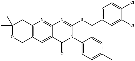 2-[(3,4-dichlorobenzyl)sulfanyl]-8,8-dimethyl-3-(4-methylphenyl)-3,6,8,9-tetrahydro-4H-pyrano[3',4':5,6]pyrido[2,3-d]pyrimidin-4-one Struktur