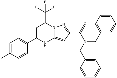 N,N-dibenzyl-5-(4-methylphenyl)-7-(trifluoromethyl)-4,5,6,7-tetrahydropyrazolo[1,5-a]pyrimidine-2-carboxamide Struktur