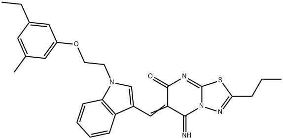 6-({1-[2-(3-ethyl-5-methylphenoxy)ethyl]-1H-indol-3-yl}methylene)-5-imino-2-propyl-5,6-dihydro-7H-[1,3,4]thiadiazolo[3,2-a]pyrimidin-7-one Struktur