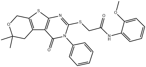 2-[(6,6-dimethyl-4-oxo-3-phenyl-3,5,6,8-tetrahydro-4H-pyrano[4',3':4,5]thieno[2,3-d]pyrimidin-2-yl)sulfanyl]-N-(2-methoxyphenyl)acetamide Struktur