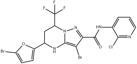 3-bromo-5-(5-bromo-2-furyl)-N-(2-chloro-3-pyridinyl)-7-(trifluoromethyl)-4,5,6,7-tetrahydropyrazolo[1,5-a]pyrimidine-2-carboxamide Struktur