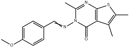 3-[(4-methoxybenzylidene)amino]-2,5,6-trimethylthieno[2,3-d]pyrimidin-4(3H)-one Struktur