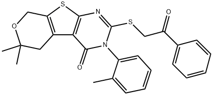 6,6-dimethyl-3-(2-methylphenyl)-2-[(2-oxo-2-phenylethyl)sulfanyl]-3,5,6,8-tetrahydro-4H-pyrano[4',3':4,5]thieno[2,3-d]pyrimidin-4-one Struktur