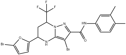 3-bromo-5-(5-bromo-2-furyl)-N-(3,4-dimethylphenyl)-7-(trifluoromethyl)-4,5,6,7-tetrahydropyrazolo[1,5-a]pyrimidine-2-carboxamide Struktur