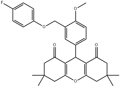 9-{3-[(4-fluorophenoxy)methyl]-4-methoxyphenyl}-3,3,6,6-tetramethyl-3,4,5,6,7,9-hexahydro-1H-xanthene-1,8(2H)-dione Struktur