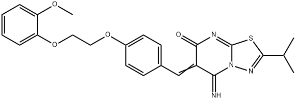 5-imino-2-isopropyl-6-{4-[2-(2-methoxyphenoxy)ethoxy]benzylidene}-5,6-dihydro-7H-[1,3,4]thiadiazolo[3,2-a]pyrimidin-7-one Struktur