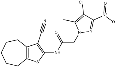 2-{4-chloro-3-nitro-5-methyl-1H-pyrazol-1-yl}-N-(3-cyano-5,6,7,8-tetrahydro-4H-cyclohepta[b]thien-2-yl)acetamide Struktur