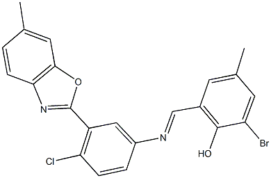 2-bromo-6-({[4-chloro-3-(6-methyl-1,3-benzoxazol-2-yl)phenyl]imino}methyl)-4-methylphenol Struktur