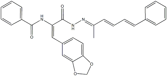 N-(2-(1,3-benzodioxol-5-yl)-1-{[2-(1-methyl-5-phenyl-2,4-pentadienylidene)hydrazino]carbonyl}vinyl)benzamide Struktur