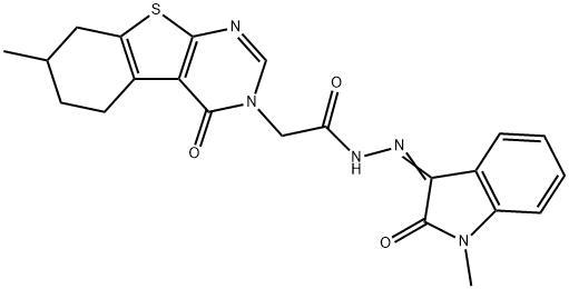 N'-(1-methyl-2-oxo-1,2-dihydro-3H-indol-3-ylidene)-2-(7-methyl-4-oxo-5,6,7,8-tetrahydro[1]benzothieno[2,3-d]pyrimidin-3(4H)-yl)acetohydrazide Struktur