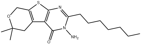 3-amino-2-heptyl-6,6-dimethyl-3,5,6,8-tetrahydro-4H-pyrano[4',3':4,5]thieno[2,3-d]pyrimidin-4-one Struktur