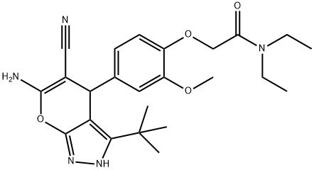 2-[4-(6-amino-3-tert-butyl-5-cyano-2,4-dihydropyrano[2,3-c]pyrazol-4-yl)-2-methoxyphenoxy]-N,N-diethylacetamide Struktur