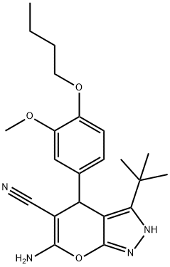 6-amino-4-(4-butoxy-3-methoxyphenyl)-3-tert-butyl-2,4-dihydropyrano[2,3-c]pyrazole-5-carbonitrile Struktur