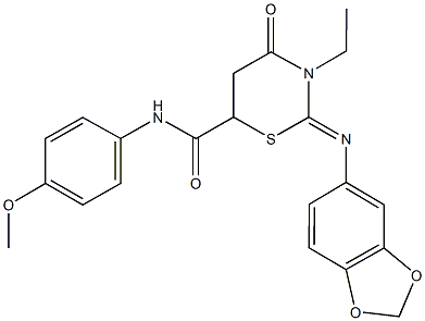 2-(1,3-benzodioxol-5-ylimino)-3-ethyl-N-(4-methoxyphenyl)-4-oxo-1,3-thiazinane-6-carboxamide Struktur